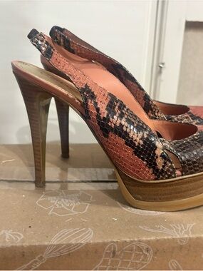 bebe Pink and Black Snakeskin Slingback Platform Heels